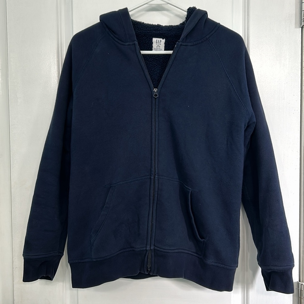 Boys Gap Fleece lined hooded zip up sweatshirt size XXL (14-16) navy blue